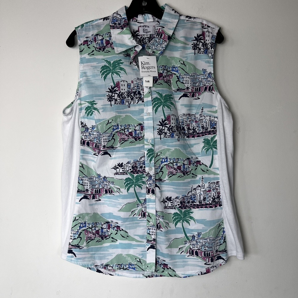 Kim Rogers Sleeveless Button Down Shirt Petite Tropical Coastal Print Top NEW
